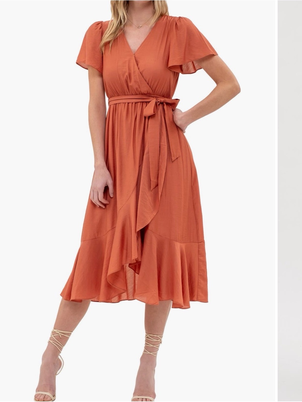 Women's Rust Wrap Midi Dress with Tie Waist